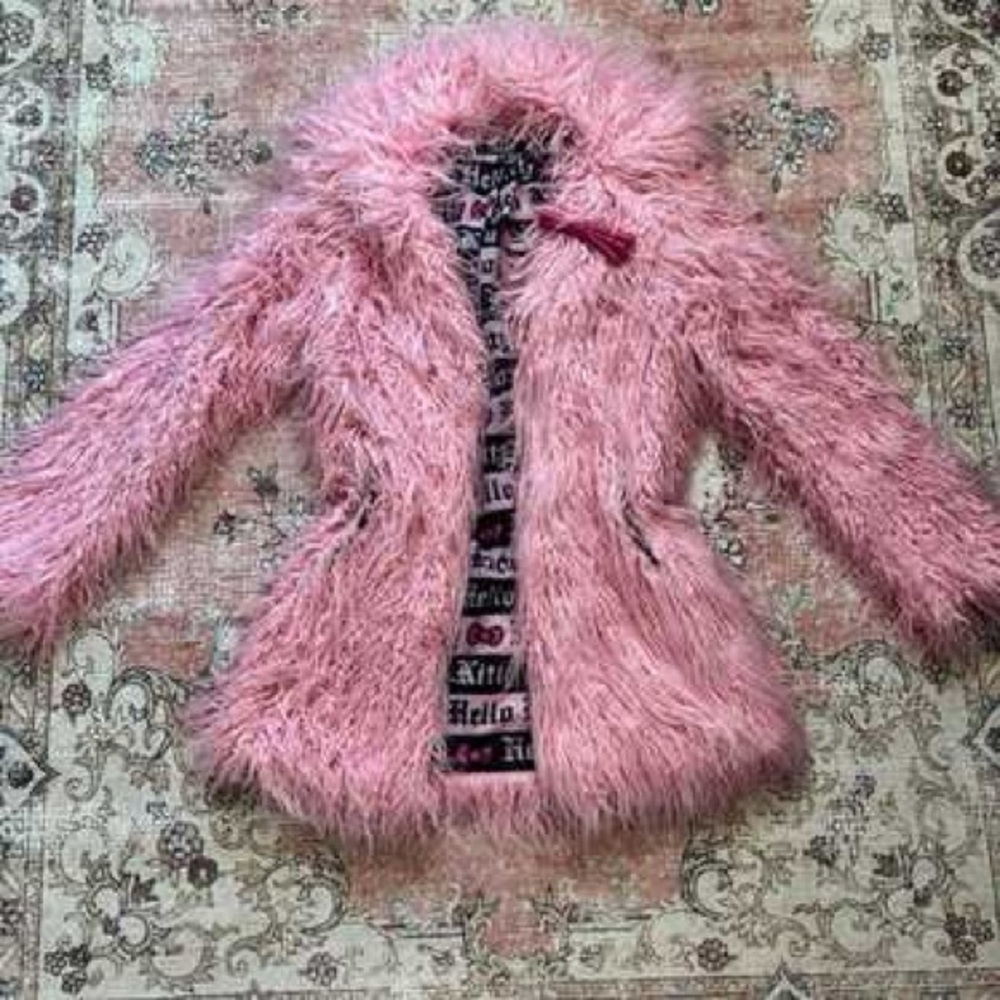 Dolls Kill Pink Faux Fur Hello Kitty Shaggy Coat with Bow. Size s